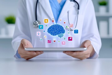 The doctor is wearing scrubs and is holding a tablet with a digital brain display.