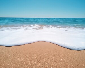 A serene beach scene featuring gentle waves meeting golden sand under a clear blue sky.