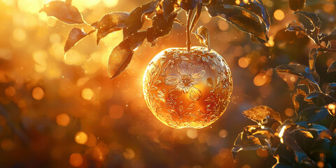 Poster - A golden apple hanging from a tree with a bright sun shining on it