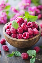 Wall Mural - A bowl of vibrant raspberries, adorned with green leaves, sits amidst a natural setting, exuding freshness and vitality.