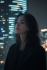 A woman stands on a balcony, looking at bright city lights during night time.