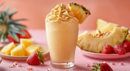 Canvas Print - Refreshing Pineapple Smoothie With Strawberry Garnish on a Pink Background