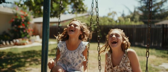 Two girls share contagious laughter on swings under sunlit skies, capturing the essence of childhood joy and friendship.