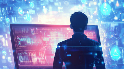 A silhouette of a person stands before a glowing digital screen filled with data and analytics, embodying the future of technology and information processing