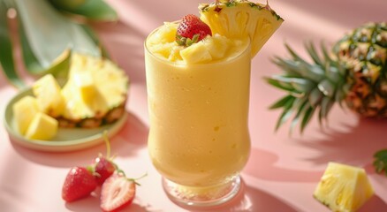 Canvas Print - Refreshing Pineapple Smoothie With Strawberry Garnish on a Pink Background