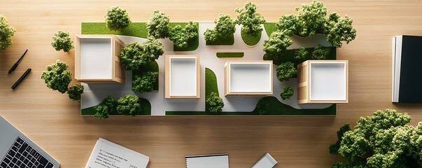 Poster - a model layout featuring buildings and greenery, illustrating urban planning concepts.