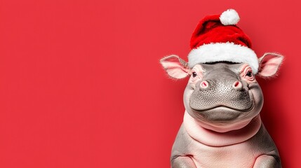 Wall Mural - Cute Hippopotamus Wearing Santa Hat on Red Background