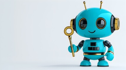 Poster - futuristic robot guardian, a sleek metallic figure stands confidently, grasping a radiant key, symbo