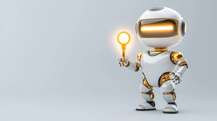 Poster - Futuristic Robot Guardian with Glowing Key, a vibrant 3D character symbolizing technology and security in a digital landscape.