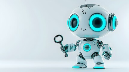 Poster - Futuristic Robot Guardian with Glowing Key, a vibrant 3D character stands poised, embodying mystery and adventure in a digital realm.
