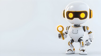 Poster - Futuristic Robot Guardian, a sleek 3D robot character stands proudly, clutching a radiant key symbolizing innovation and discovery.