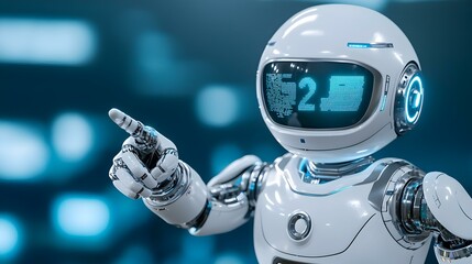 Poster - 3D Robot Character Gesturing, A futuristic robot with sleek design and vibrant colors, confidently pointing to the side, showcasing advanced technology.