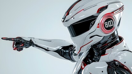 Poster - 3D Robot Character Gesture, a futuristic robot figure confidently pointing to the side, showcasing sleek design and vibrant colors.