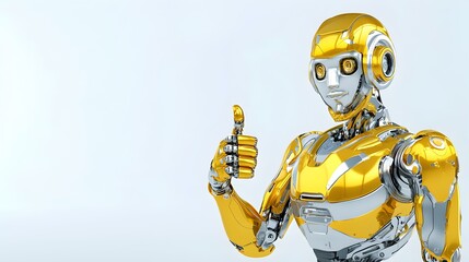 Poster - Dynamic Robot Gesture, a 3D robot exuding positivity with a thumbs-up, showcasing advanced design and vibrant colors in an engaging stance