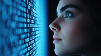 Digital technology concept featuring business woman gazing intently at screen filled with binary code, reflecting curiosity and innovation in tech world