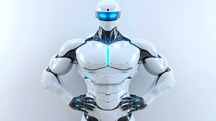 Poster - Confident Robot Stance, A 3D robot stands with hands on hips, showcasing a sleek design and futuristic features, exuding a sense of authority.