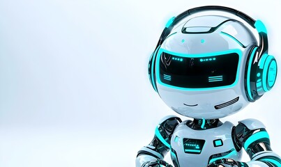 Poster - Futuristic Assistant, A 3D robot equipped with a headset, providing customer support in a modern, high-tech environment.