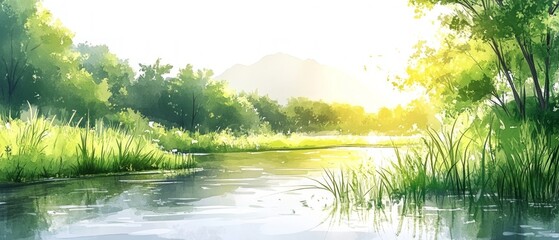 Wall Mural - A peaceful mountain river flows gently through the landscape, surrounded by vibrant greenery and kissed by the warm morning sunlight