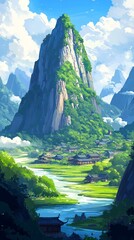 Wall Mural - A serene view showcases mountain rivers flowing through green valleys, with majestic peaks reaching high into the vibrant blue sky, creating a peaceful atmosphere