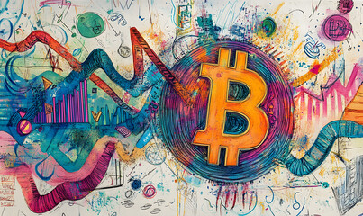 dollar production, coins, stock graphs, and Bitcoin in various creative graphic styles