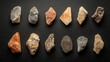 © Cyber Shutter - Bifacial pebbles from the Paleolithic era Carved quartzite stones in amygdaloid shape displayed on a black background These ancient tools served as weapons in human animal conflicts