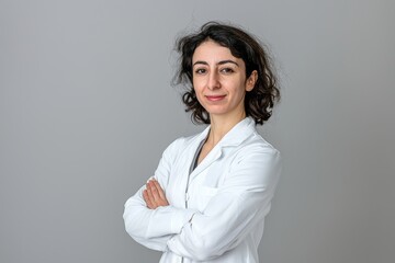 Several smiling female doctors are standing with their arms crossed on a white background.