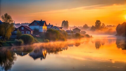 Serene foggy sunrise casting silhouettes of houses along calm river in Samara