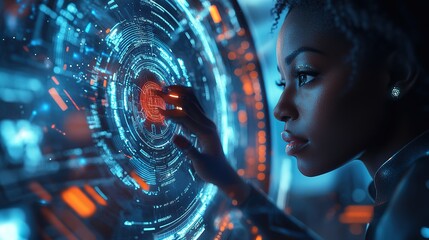 Poster - AI cyber security threat, female African American IT specialist analyzing futuristic holographic data information. blue & orange color, segmented reality artificial intelligence concept banner 