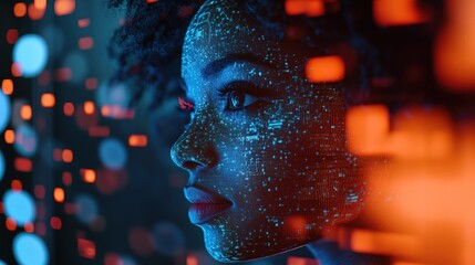 Poster - AI cyber security threat, female African American IT specialist analyzing futuristic holographic data information. blue & orange color, segmented reality artificial intelligence concept banner 