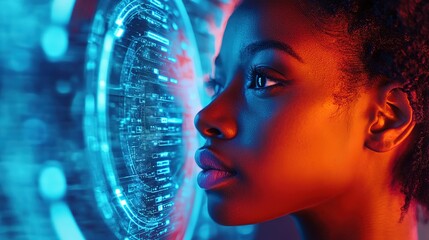 Poster - AI cyber security threat, female African American IT specialist analyzing futuristic holographic data information. blue & orange color, segmented reality artificial intelligence concept banner 