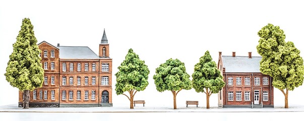 Poster - a miniature scene featuring two brick buildings and trees, designed for architectural display.