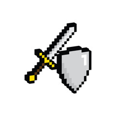 Poster - isometric sword and shield pixel art icon vector 8 bit game company logo template