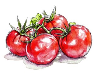 Fresh red tomatoes on vine, botanical illustration.