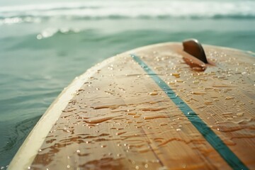 Close-up of a surfboard resting on the ocean's surface, with sunlight glistening on water droplets, invoking a sense of adventure and freedom.