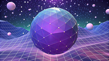 Poster - A three-dimensional geometric sphere is prominently placed in a vast, undulating landscape, dotted with floating spheres and set against a starry night sky
