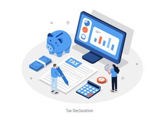 Poster - finance and accounting concept. characters preparing tax declaration, calculating income tax return 