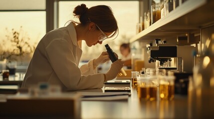 Poster - Scientist Examining Liquid Sample with Microscope in Laboratory