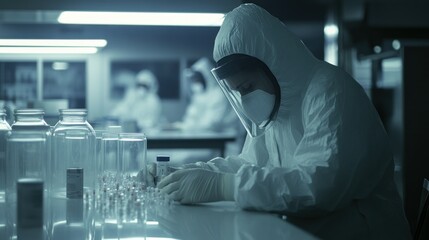 Poster - Scientist in Protective Gear Working with Samples in a Laboratory
