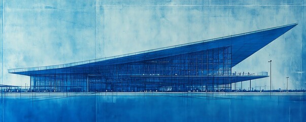 Poster - a blueprint design of a modern architectural structure with a sleek, angular roof.