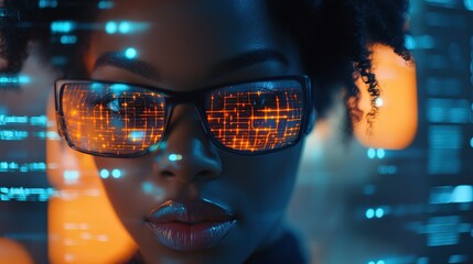 Poster - AI cyber security threat, female African American IT specialist analyzing futuristic holographic data information. blue & orange color, segmented reality artificial intelligence concept banner 