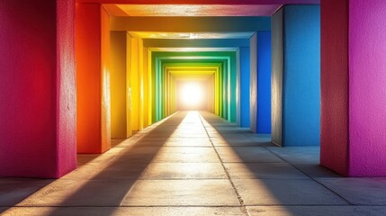 vibrant rainbow corridor leading to a bright light at the end, showcasing colorful architecture in a
