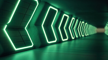 Wall Mural - Futuristic corridor with glowing green neon geometric shapes and reflective surfaces creating an abstract sci-fi environment