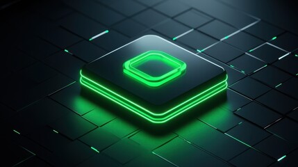 Poster - A vibrant green neon icon, symbolizing configuration tech, set on a sleek black background with a modern, high-tech floor