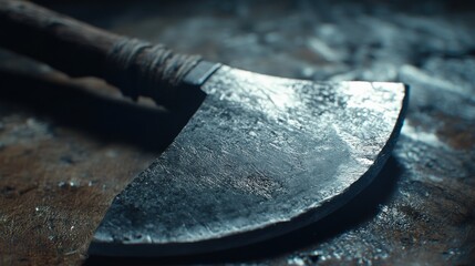 A close-up shot of the hatchet blade, capturing the details and edge, with the handle softly blurred behind it.