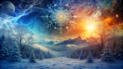 Poster - A serene winter landscape reveals majestic mountains under a magical, colorful sky. The scene combines striking orange and blue tones, creating a tranquil atmosphere