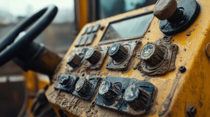 A macro photograph of the concrete mixer's controls, focusing on the buttons and settings, with the surrounding area softly blurred.