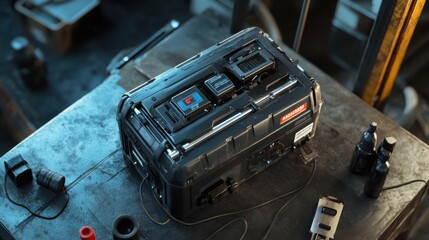 A top-down view of a generator resting on a work surface, with fuel nearby. The focus is on the generator's design and features.