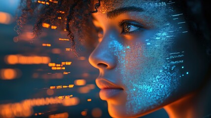 Poster - AI cyber security threat, female African American IT specialist analyzing futuristic holographic data information. blue & orange color, segmented reality artificial intelligence concept banner 