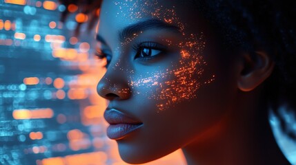 Poster - AI cyber security threat, female African American IT specialist analyzing futuristic holographic data information. blue & orange color, segmented reality artificial intelligence concept banner 