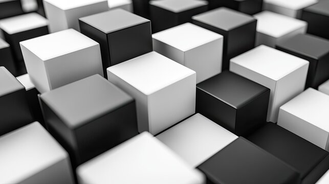 Black and white 3D cubes creating a geometric, high-contrast background, perfect for product or text placement.